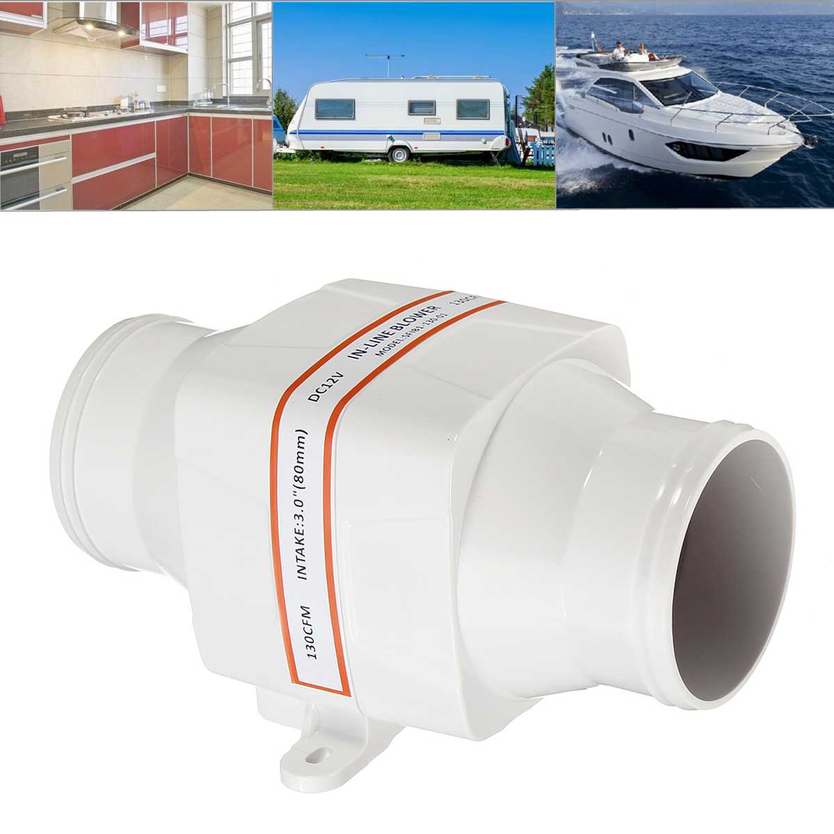12V 130CFM 3 Inch In Line Air Blower Boat Bilge Engine Galley Marine Ventilation Fan ABS Plastic Housing Moisture Protection