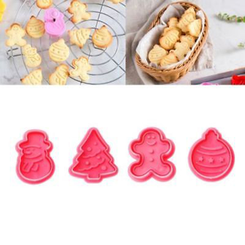 4Pcs / Set Food Grade Plastic Christmas cookie cutter, Kitchen bake Tools, Plunger Stamp Die Fondant Cake Decorating Tools