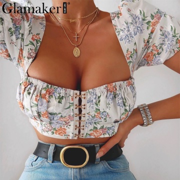 Glamaker Puff sleeve floral print top sexy camis tanks Women summer cropped clothes crop top Female square collar streetwear top