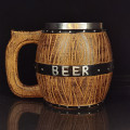 580ml Oak Barrel Style Beer Mug Simulation Wooden Barrel Beer Cup Double Wall Drinking Mug Metal Insulated as Christmas Gift