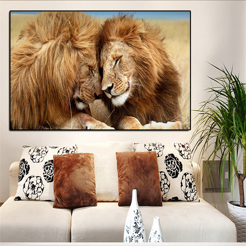 Two Lion Wild Animals Landscape Oil Painting on Canvas Posters and Prints Wall Art Picture for Living Room Cuadros Home Decor