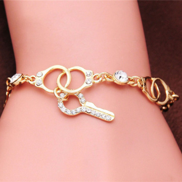 Hot Sale Gold Color Handcuffs & Key Charm Bracelets for Women Fashion Crystal Link Chain Cuff Bracelet Vintage Party Jewelry