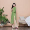 Woman Fashion Ethnic Styles Sets Kurtas Print Cotton India Dress Lady Long Green Top And Pants