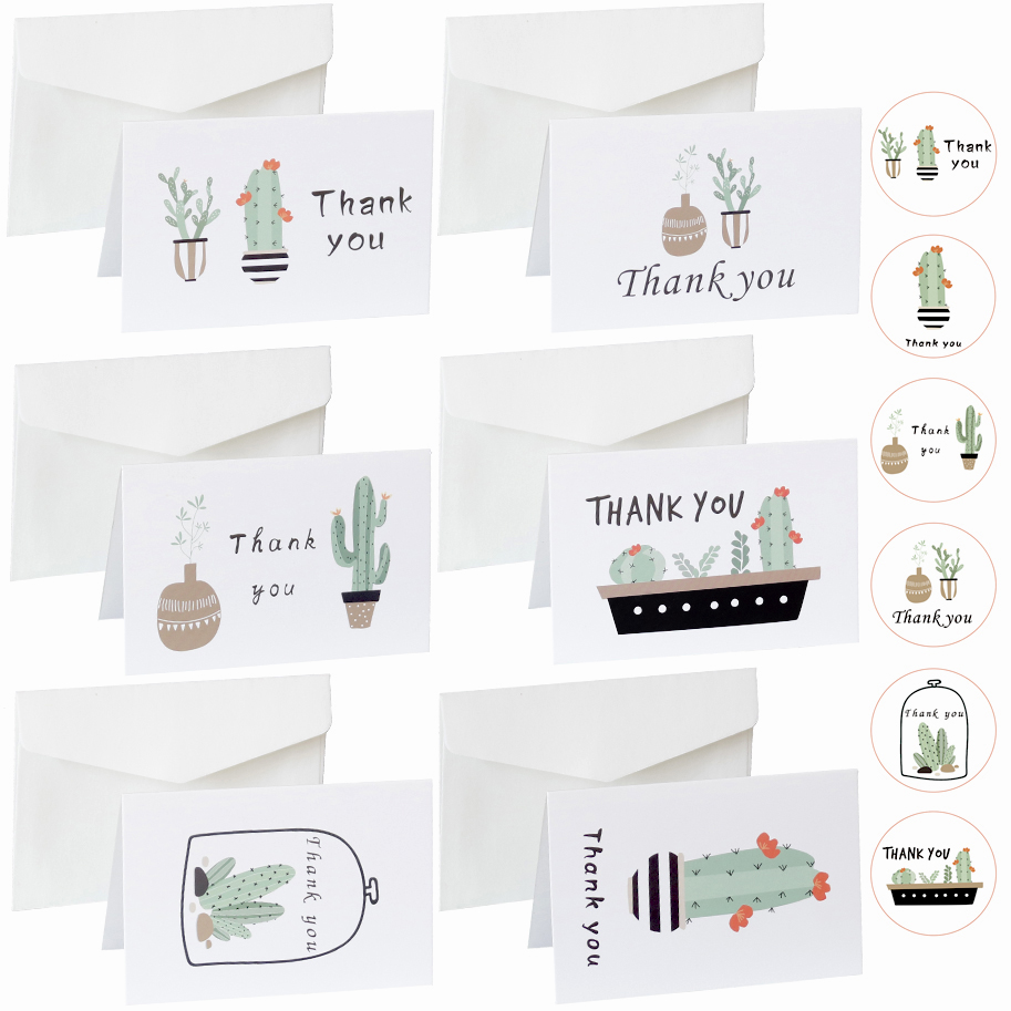 6sets Cute Cactus Folded Thank You Cards DIY Party Invitation Greeting Cards Creative Gift Card with Envelope Stickers