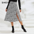SHEIN Black And White All Over Print Split Thigh Sexy Skirt Women Bottoms 2019 Autumn Fashion Ladies Zipper Midi A Line Skirts