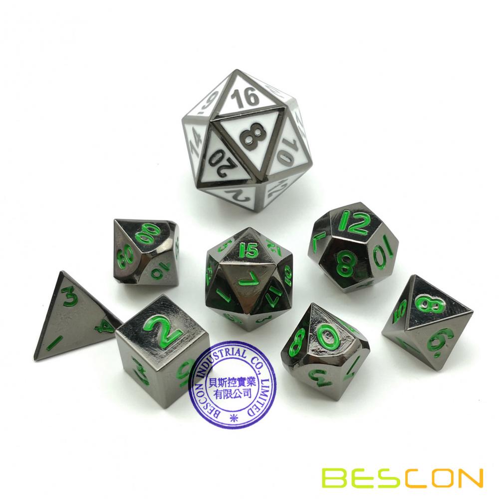 Bescon 10MM Mini Solid Metal Dice Set Glossy Black with Green Numbers, Mini Metallic Polyhedral D&D RPG Miniature Dice 7-sets