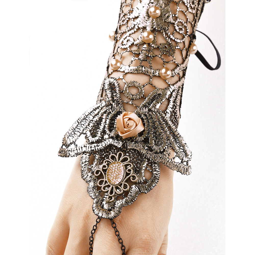 Gothic Fingerless Gloves Womens Feather Lace Faux Pearl Wrist Cuffs Bracelets Party Halloween Costume Accessories Lace Bracelet