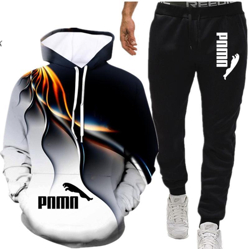 2020 3D new men's winter running sportswear suit sweatshirt sweatpants training hoodie and pants 2-piece outdoor sportswear jack
