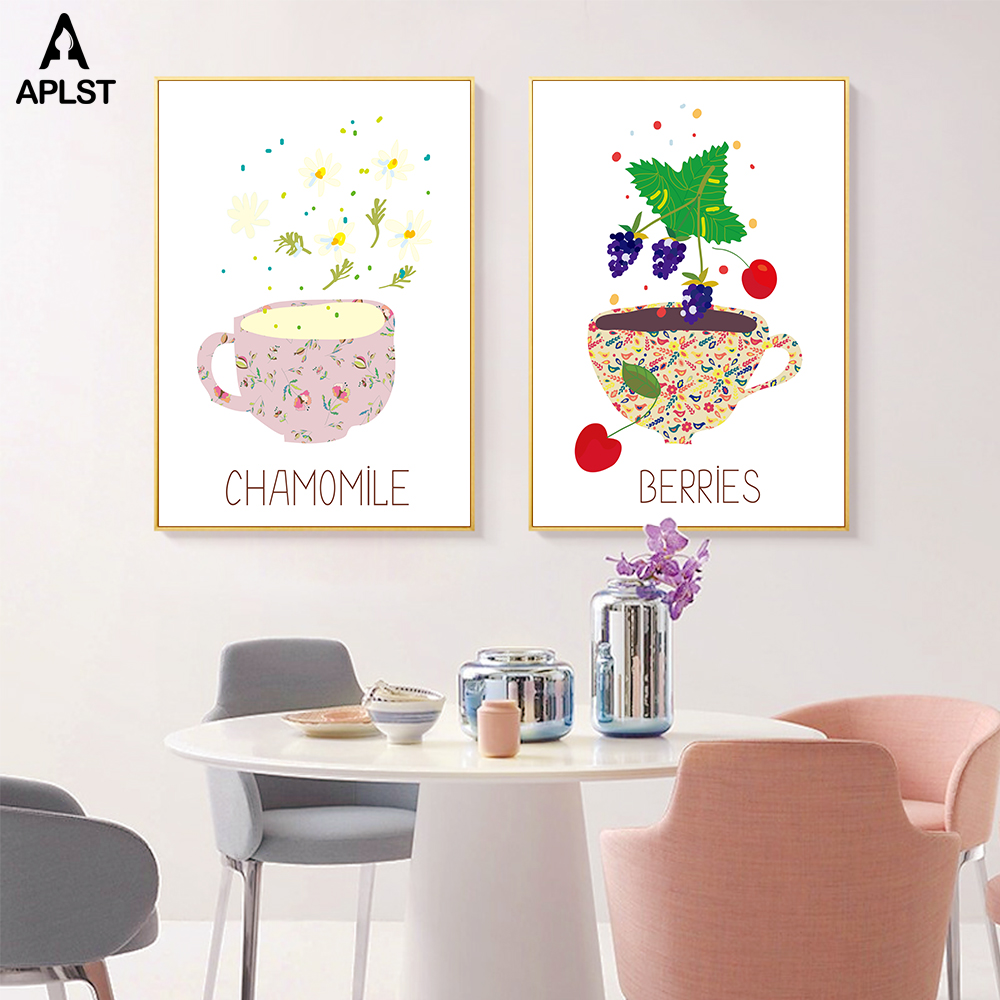 Fresh Fruit Cup Prints & Poster Straw Berry Lemon Berries Canvas Painting Kitchen Picture Canteen Bar Bubble Tea Shop Decoration