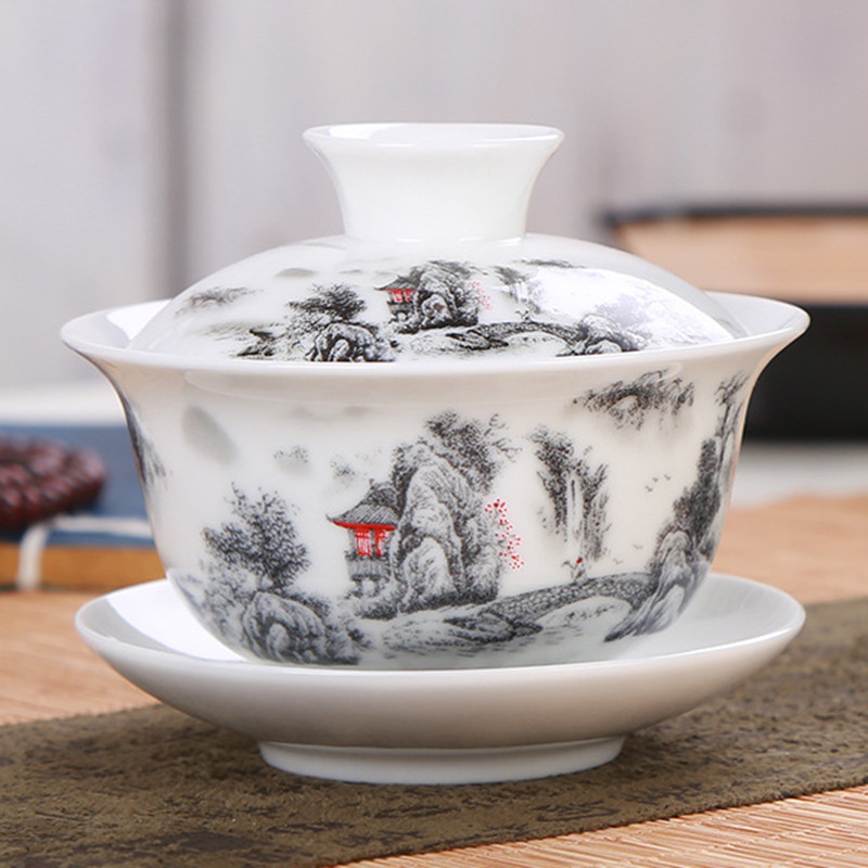 Garden Pastrol Gaiwan Porcelain Jingdezhen Sancai Cover Bowl Blue and White Ceramic Bird Tea Bowl Fish Tea Tureen Accessories