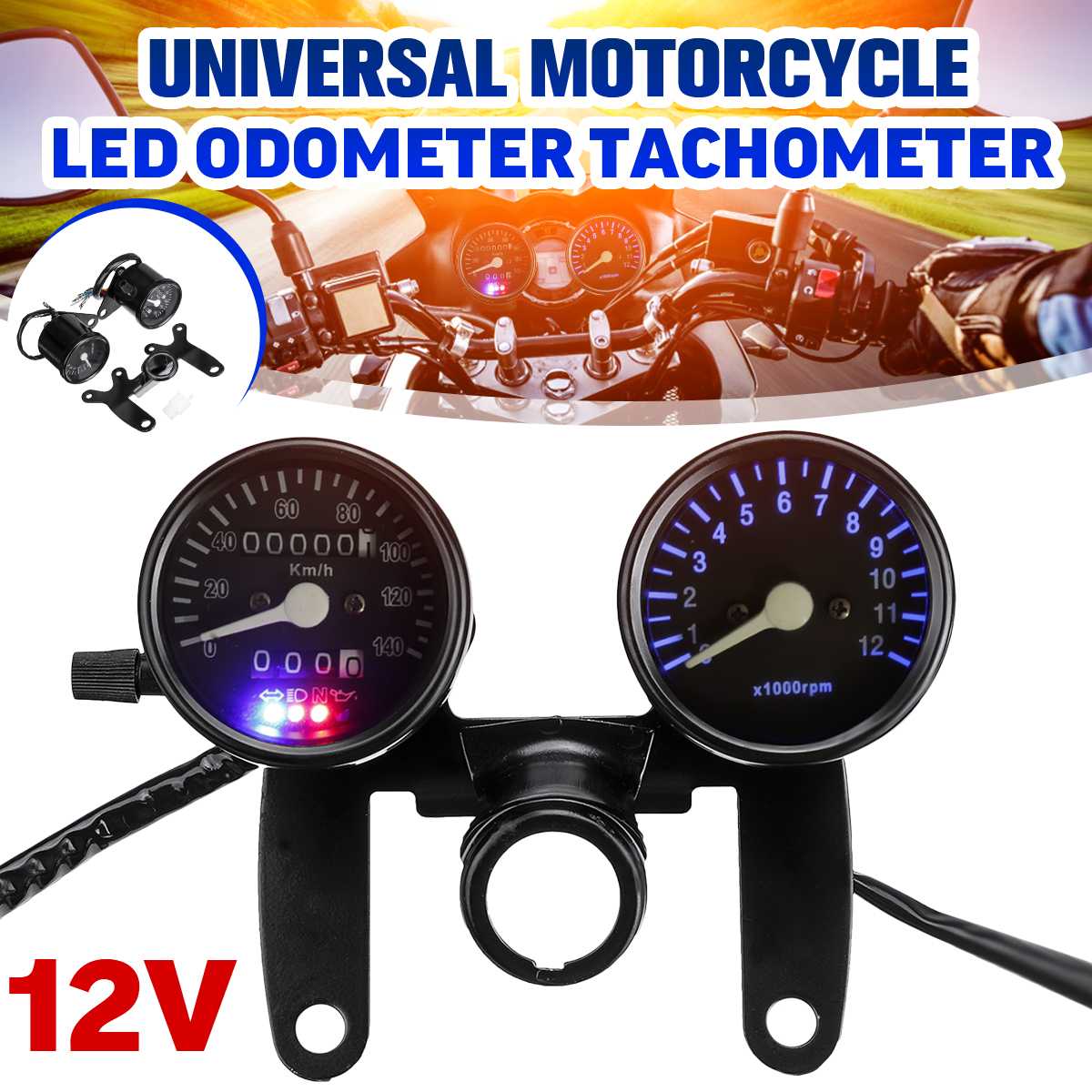 Universal Dual Gauges Motorcycle Odometer Speedmeter Tachometer LED Backlight Speed Meter Cafe Racer Instruments Gauge Panel