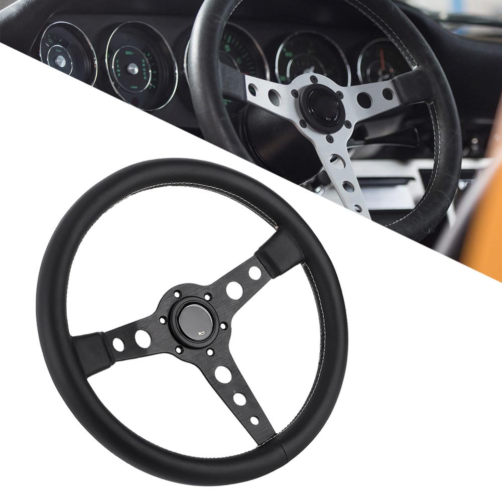 350mm/14in for MOMO Prototipo Style 6-Bolt Black Leather Racing Steering Wheel Gray Stitching with Horn Button Car Accessories