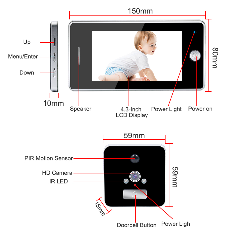 Saful 4.3 Inch LCD Color Screen 3000mAh Smart Door Camera Motion Detect Video Recording Door Peephole Viewer Camera Video-eye