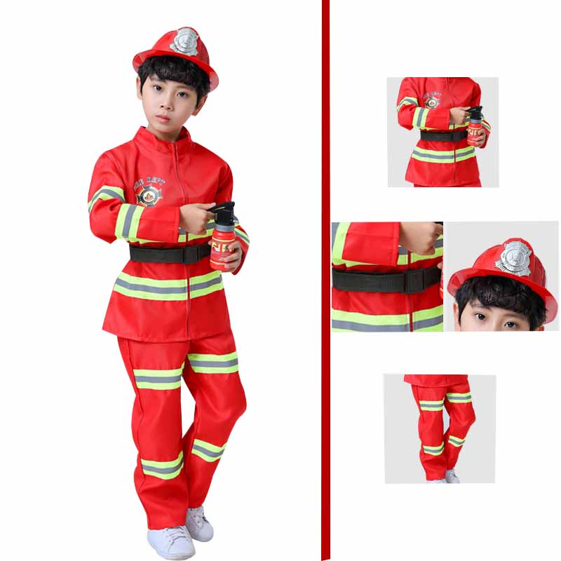 Firefighter Work Wear Uniform Fireman Cosplay Carnival Halloween Costumes For Kid Party Girl Boy Disguise Anime Clothing Set