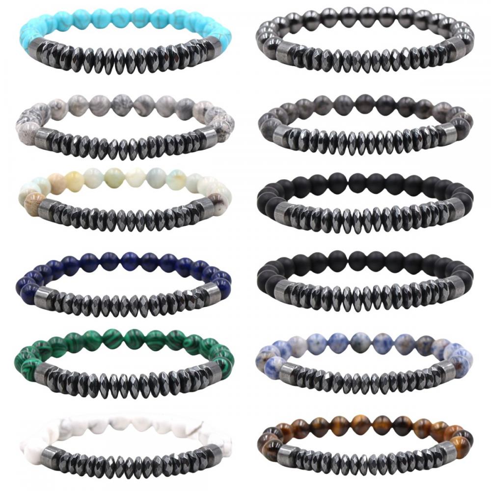 Gemstone 8MM Round Beads Faceted Abacus Hematite Magnetic Bracelets Crystal Quartz Stretch Bangle for Men Women