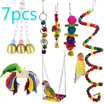 New 7Pcs Bird Toys Bird Parrot Swing Toy Colorful Chewing Hanging Hammock Swing Bell Pet Climbing Ladders Toys Pet Supplies