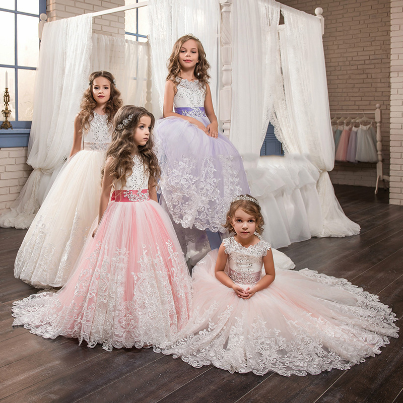 Romantic Lace Puffy Lace Bow Flower Girl Dress NEW For Weddings Tulle Ball Gown Flower Girl Party Communion Dress Pageant Gown