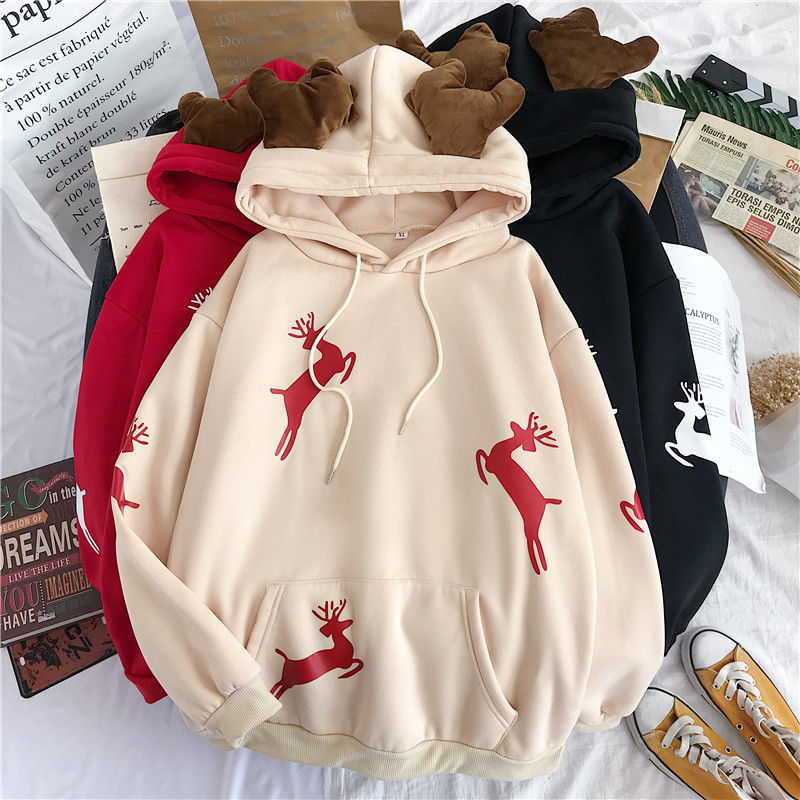 Merry Christmas gift Snow deer print Harajuku hoodie women winter jacket Red Kawaii sweatshirt Korean style Pullovers clothes