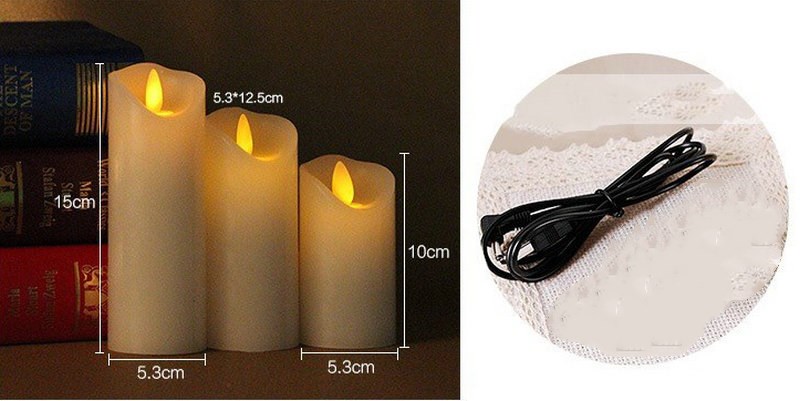 set of 3 USB powered Rechargeable led pillar paraffin candle wavy edge moving wick Wedding Xmas Party bar decor 10CM-12.5CM-15CM