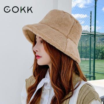 COKK Bucket Hat Women Winter Faux Fur Fisherman Cap Thickened Warm Korean Fashion Solid Color Bob Gorro 2020 New Casual Flat Top