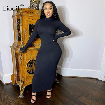 Liooil Black Knit Ribbed Backless Bodycon Long Maxi Dress Women Clothes Long Sleeve O Neck Night Club Party Sexy Tight Dresses
