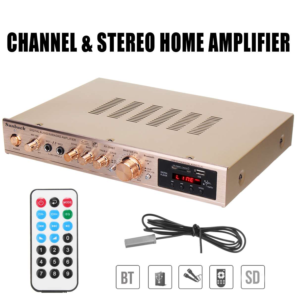 2000W 5 Channel Home Amplifier Audio Digital Auto Car AV HiFi Class Power Amplifiers Stereo Sound FM Radio Player Aluminum Alloy