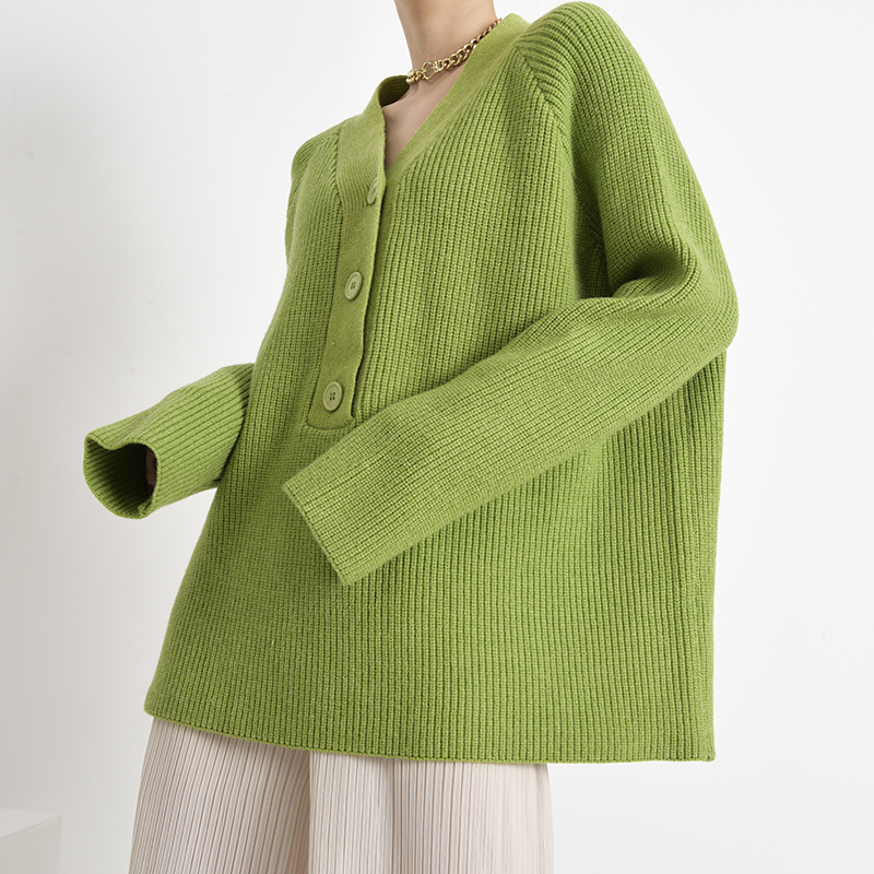 [EAM] Green Brief Big Size Knitting Sweater Loose Fit V-Neck Long Sleeve Women Pullovers New Fashion Autumn Winter 2021 1Y17306