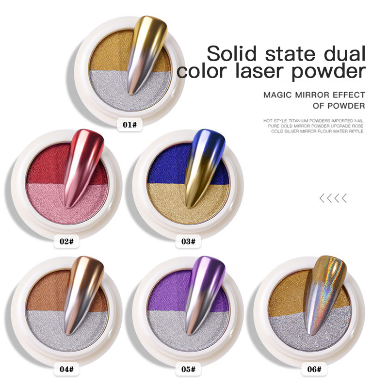 New 1Box Dual Kleuren Effen Magic Mirror Nail Poeder Holografische Laser Nail Glitter 2 Color Titanium Powder Platter TSLM2
