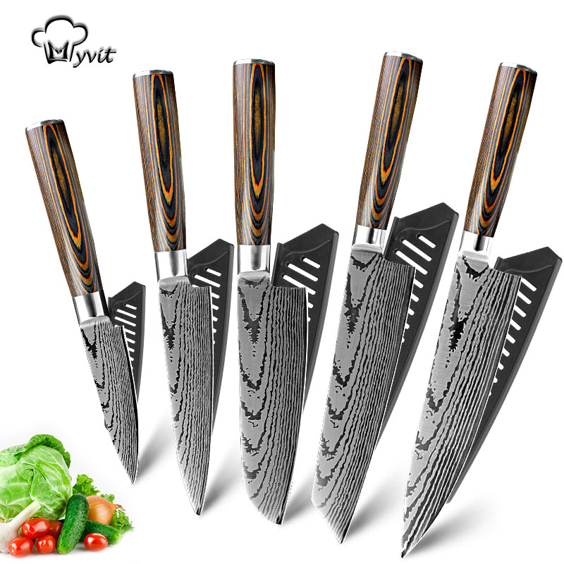 Chef Knife Kitchen Knives Set Japanese 7CR17 440C High Carbon Stainless Steel Imitation Damascus Sanding Laser Knife Dropship