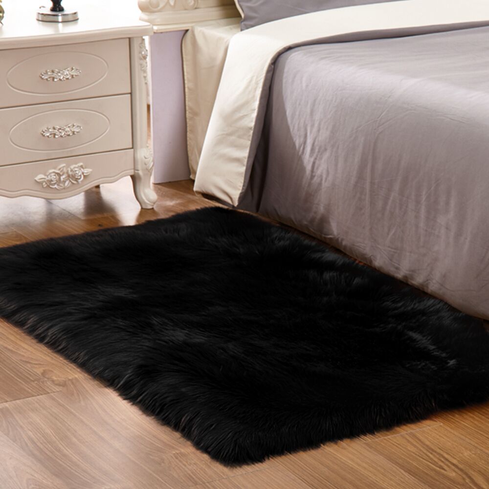 Luxury Rectangle Sheepskin Black Hairy Carpet Faux Mat Seat Pad Fur Plain Fluffy Soft Area Rug Tapetes