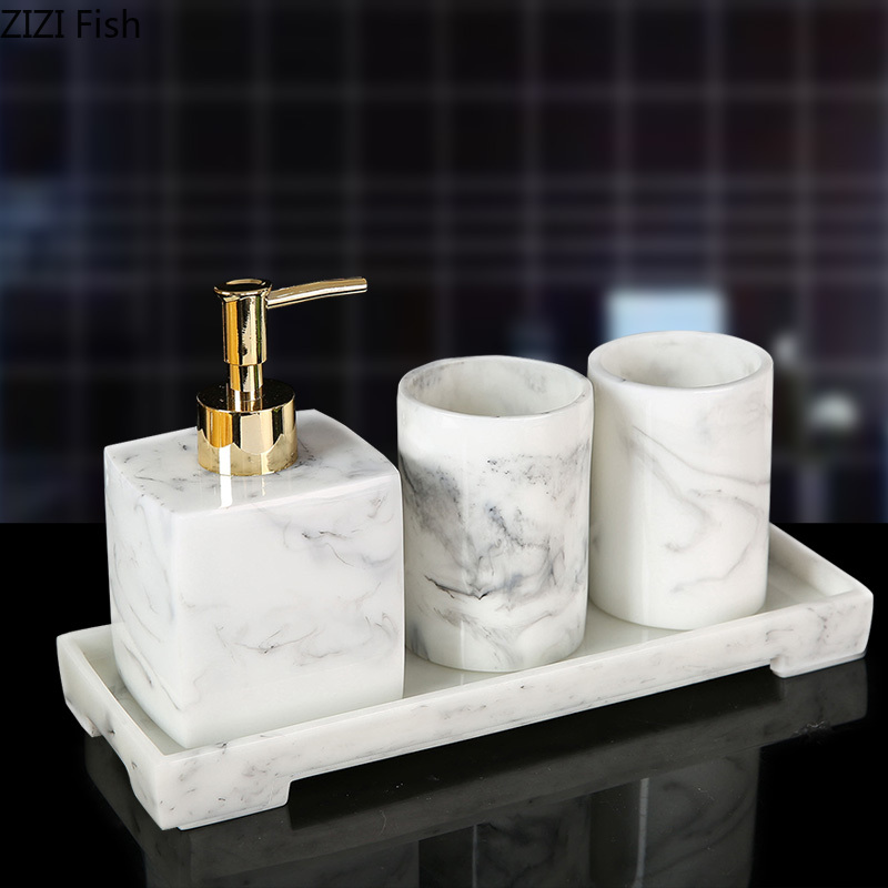 European Style Resin Toothbrush Cup Lotion Bottle Four-piece Set with Tray Minimalist Home Bathroom Supplies