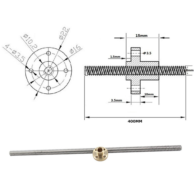 T8 Lead Screw 100mm 150mm 250mm 300mm 330mm 350mm 400mm 500mm 3D Printers Parts 8mm Trapezoidal Screws Copper Nuts Leadscrew