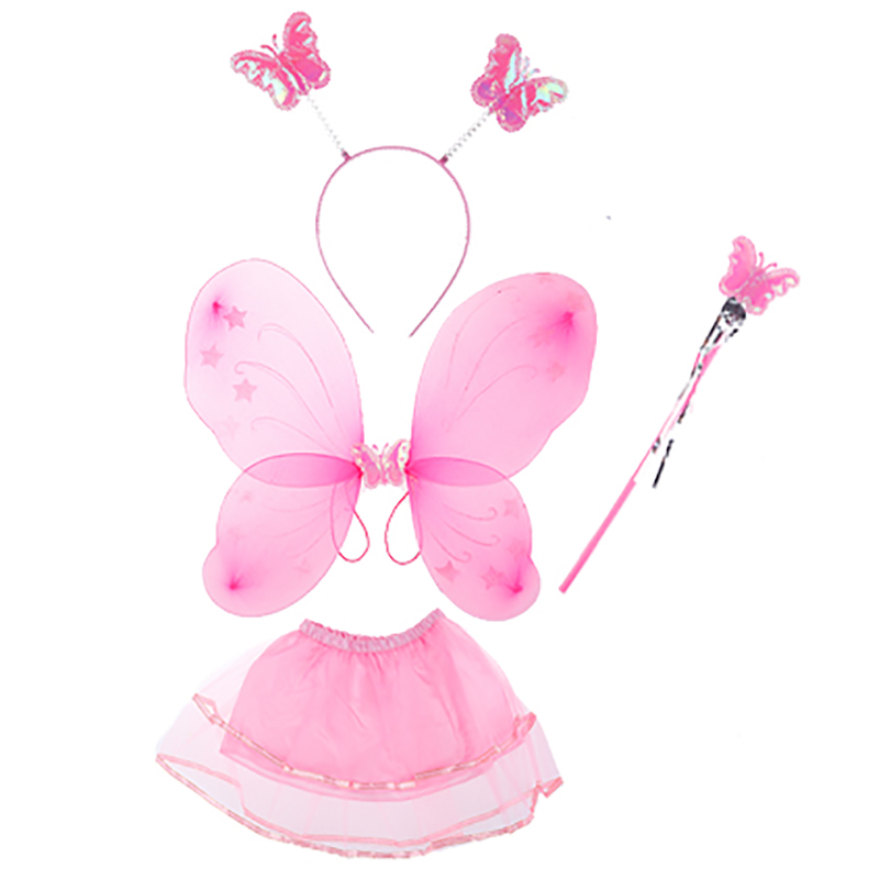 4Pcs Kids girls Fairy Princess Costume Sets colorful stage wear Butterfly Wings Wand Headband Tutu Skirt