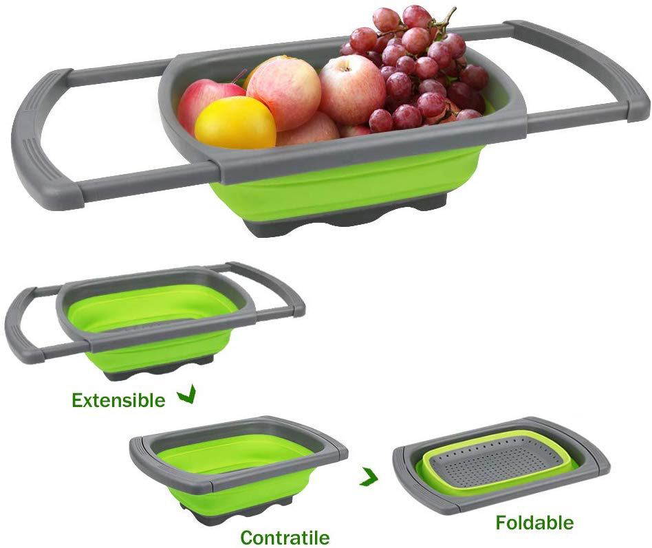 Silicone Kitchen Collapsible Colander Strainer Over The Sink Vegtable Fruit Colanders Strainers with Extendable Handles