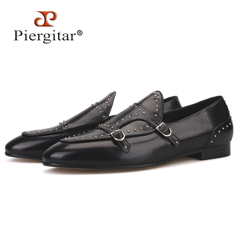 Piergitar brand 2019 Handmade spikes genuine leather men loafers Fashion party and wedding Men dress shoes smoking slippers