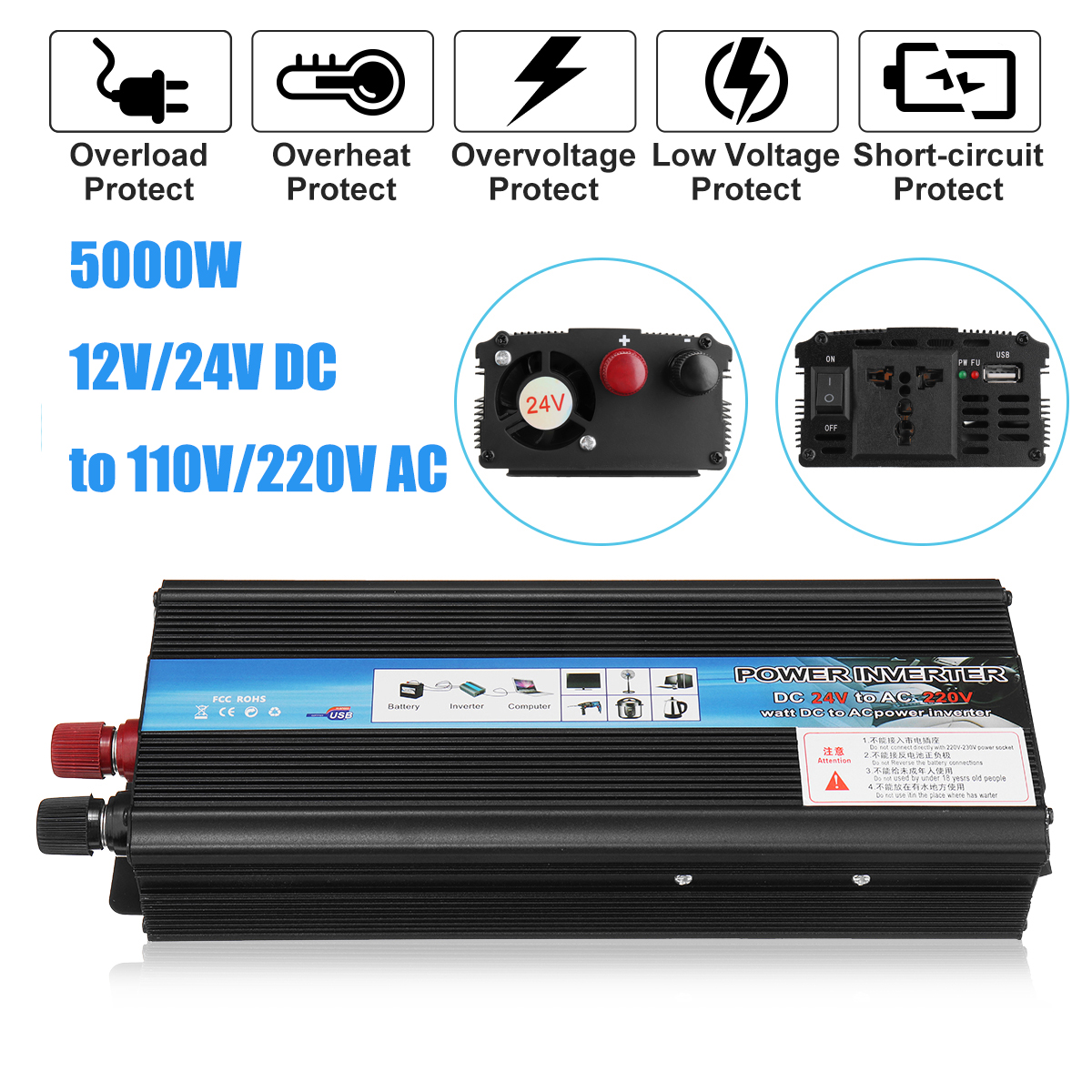 Inverter 12V 220V Voltage Transformer 5000W P eak DC12V/24V to Ac 110V/220V Solar Power Inverter Converter Solar Inversor Black