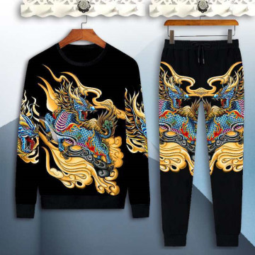 Autumn and winter long sleeve two-piece men's suit men's 3D Chinese style colorful dragon leisure sports suit