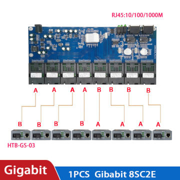 10/100/1000M 8 SC 2 RJ45 utp Gigabit Ethernet switch Ethernet Fiber Optical Media Converter 8 Port 1.25G SC PCBA board 5V3A