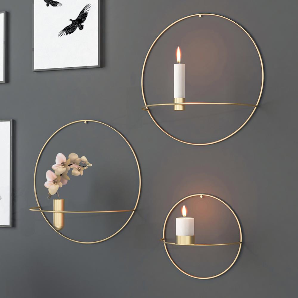 3D Metal Candle Holder Geometric Round Candlestick Wall Mounted Crafts Wedding Table Home Deco Party Festival Decoration Gifts