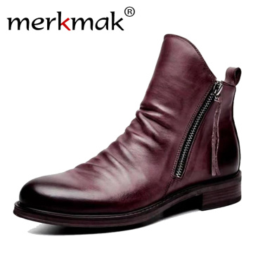 Merkmak 2021 New Men Leather Boots Fashion High-top Tassel Shoes British Style Big Size Autumn Ankle Booties Non-slip Men Shoe