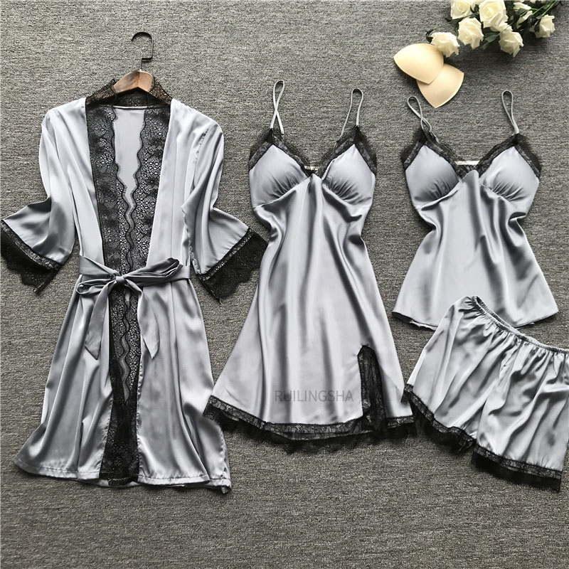 Plus Size 2XL 2020 Women Pajamas Sets Satin Sleepwear Silk 4 Pieces Nightwear Pyjama Spaghetti Strap Lace Sleep Lounge Pijama