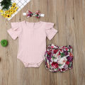 2019 Baby Summer Clothing Newborn Infant Baby Girl Boys Clothes Sets Solid Ribbed Romper+Floral PP Shorts+Headband 3Pcs Outfit