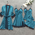 Women Lace Silk Satin Pajamas Sets Sleepwear 4 Pieces Nightwear Pyjama Spaghetti Strap Sleep Lounge Pijama Home Wear 2020