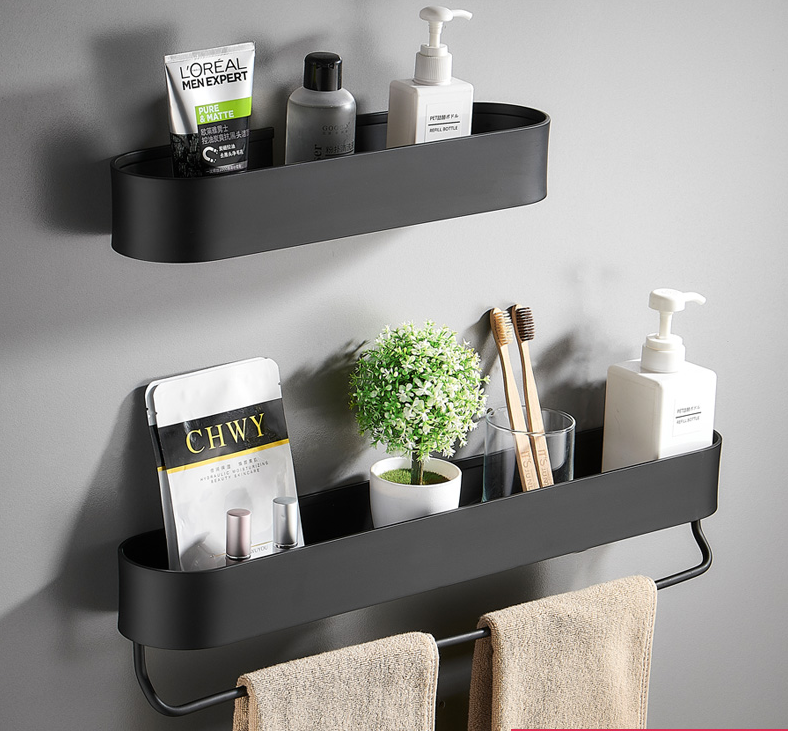 Black Bathroom Shelf 30/40/50 cm Kitchen Wall Shelves Shower Basket Storage Rack Towel Bar Robe Hooks Bathroom Accessories