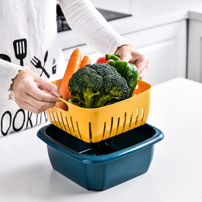 Kitchen Double Drain Basket Plastic Sealed Fresh-keeping Box Draining Vegetables Blue Fruit Basket Vegetable Washing Basket