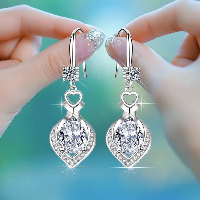 925 Sterling Silver Drop Earrings Luxury Crystal Heart Earrings Fashion Korea Silver Jewelry New 2020