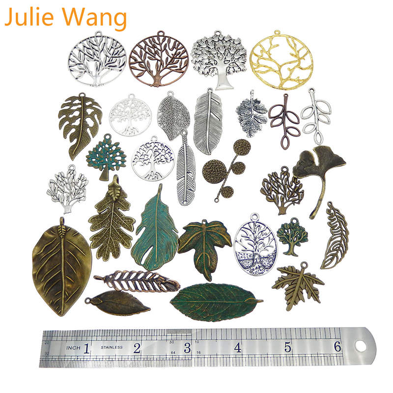 Julie Wang 10PCS Randomly Send Life Tree Leaf Feather Charms Antique Color Necklace Bracelet Jewelry Making Accessory