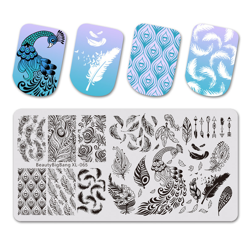BeautyBigBang 6*12cm Stamping Plate For Nails Stainless Steel Peacock Feather Nail Stamping Plates Template Nail Art Stencils