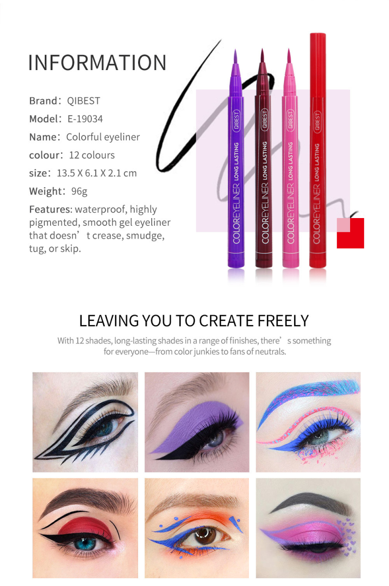 QIBEST 12 Colors Eyeliner waterproof not blooming Long-lasting Liquid eyeliner pen Easy To Wear Matte Eye Liner Comestics TSLM1