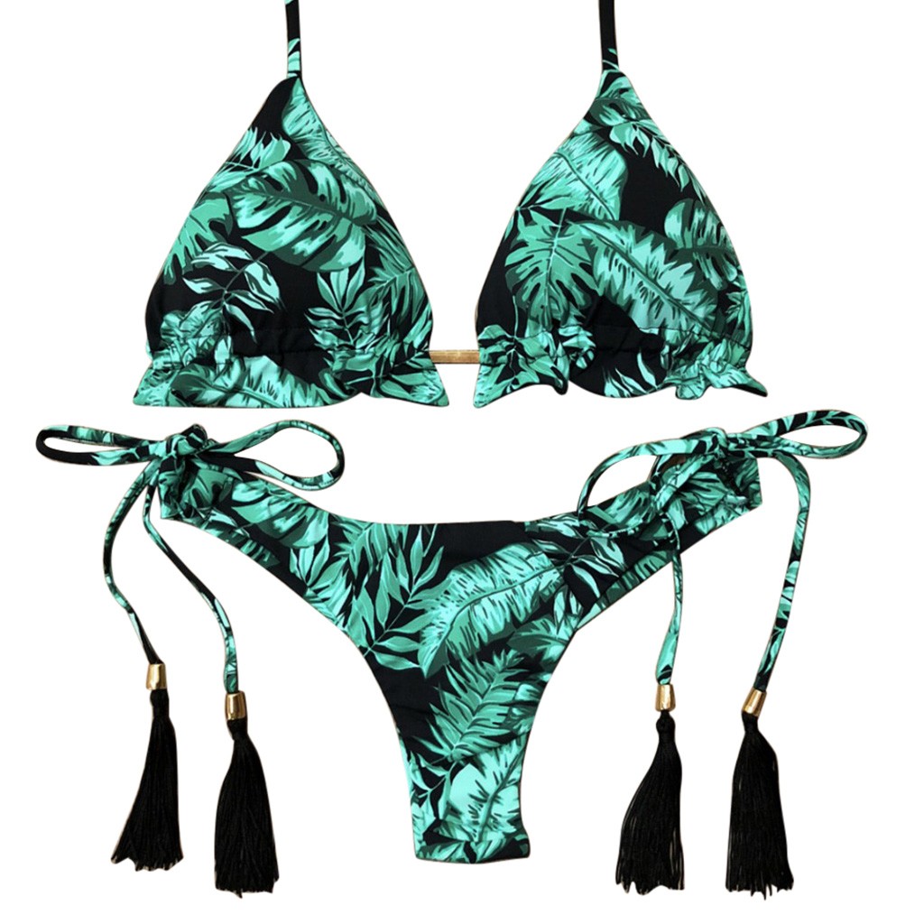 Women's Sexy Bikini Swimsuit Bronzing Printed Tassel Lace Split Bikini Push-up Beachwear Swimwear Swimwear#40